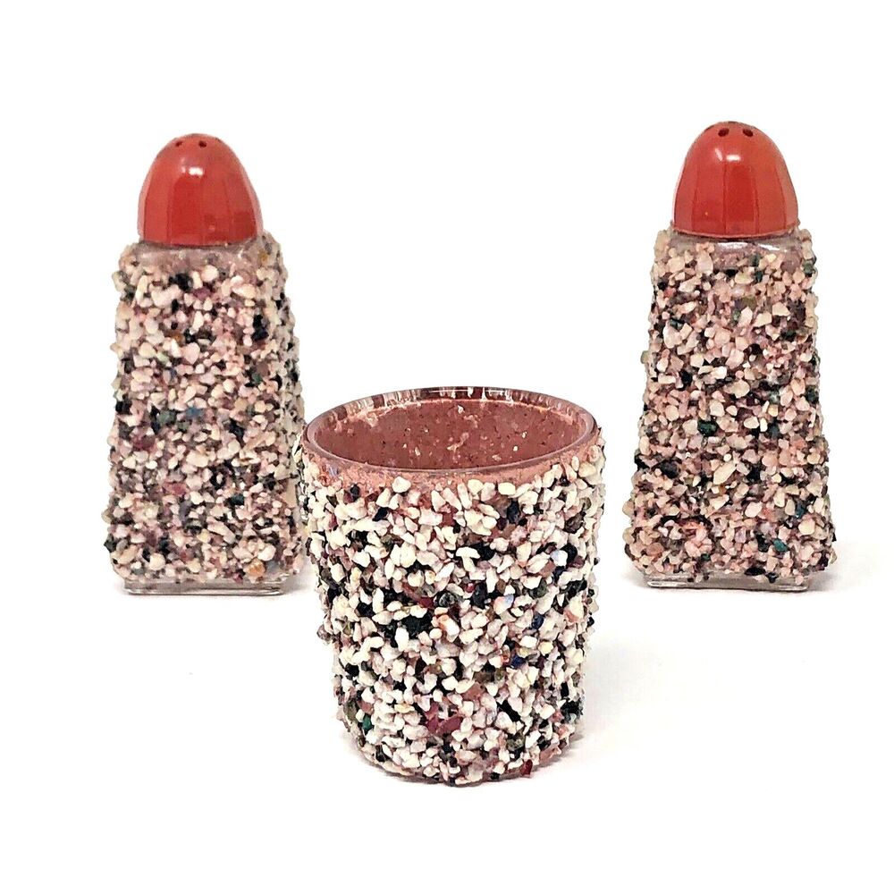 60s Souvenir Gravel Art Salt & Pepper Shaker Red Lids + Bonus Toothpick Holder